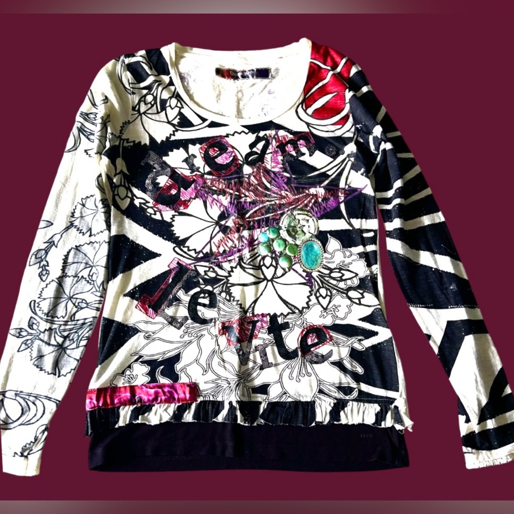 Desigual Long Sleeve Graphic Top — White, Black, Pink, Green, Turquoise - Picture 6 of 15